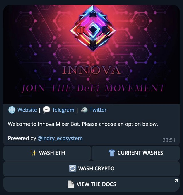 InnovaETH's tweet photo. We are very excited to introduce our very own mixer bot! Created by @lndryecosystem!👀👀 You can view and interact with the bot here:  https://t.co/Mbu8KCAoKD https://t.co/bXmezxW4g8