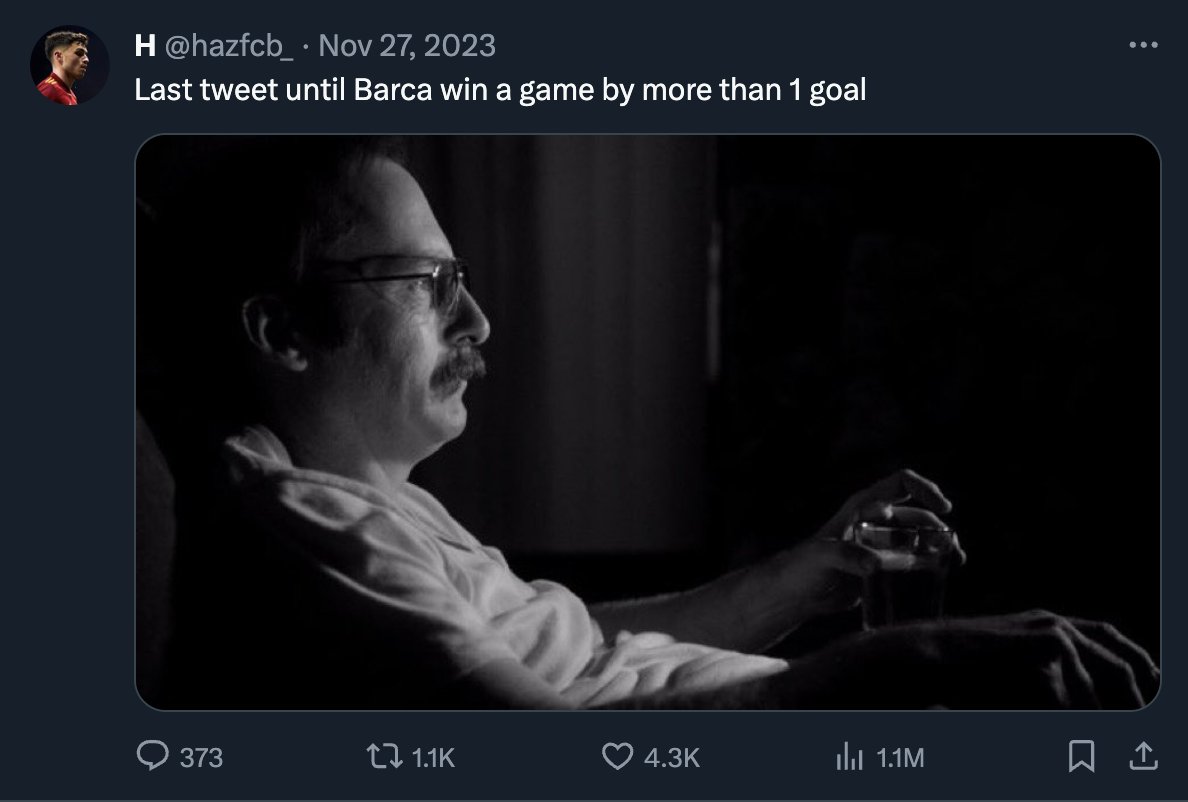 BarcaUniversal's tweet photo. A Barça fan posted on X November 27 that he would not post until Barça won by more than 1 goal... It's been 9 games and almost 2 months and it still hasn't happened. https://t.co/xKAuB6veRH