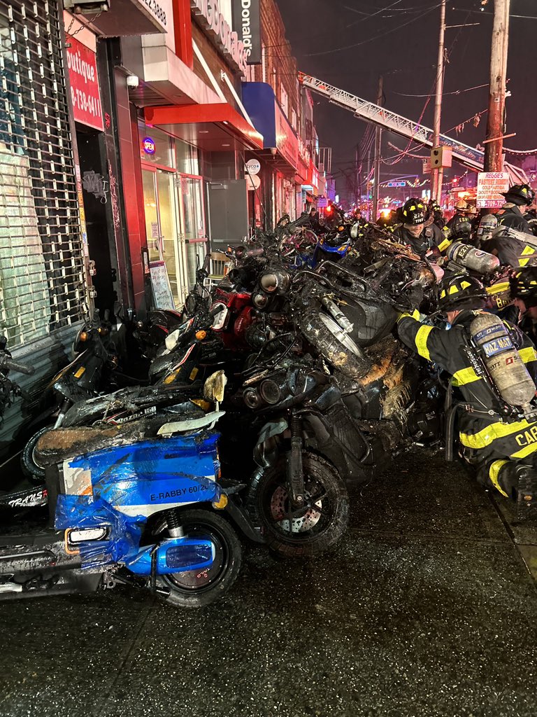 FDNY's tweet photo. On Saturday at 9:43pm, the FDNY received a report of fire at an e-bike store located on 119-07 Liberty Avenue in Queens. Within minutes, a second-alarm was transmitted. One firefighter was transported with minor injuries. Fire Marshals are investigating. https://t.co/qaItSW0z00
