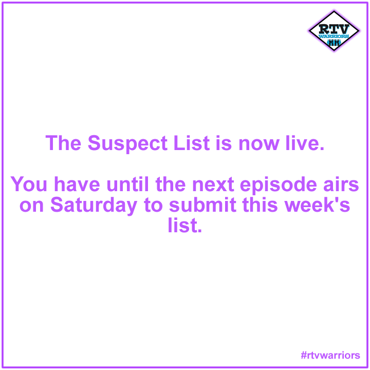 rtvwarriors's tweet photo. They said it couldn't be done, but the #suspectlist with @BothersBar is back for #widm 24! Each week, rank your Moles, answer a test-style question and claim all the glory that we denied @TheGrimRecapper last year! Sign up at the link in our bio - you have till Episode 2 airs! https://t.co/MlJ8gxi8MT