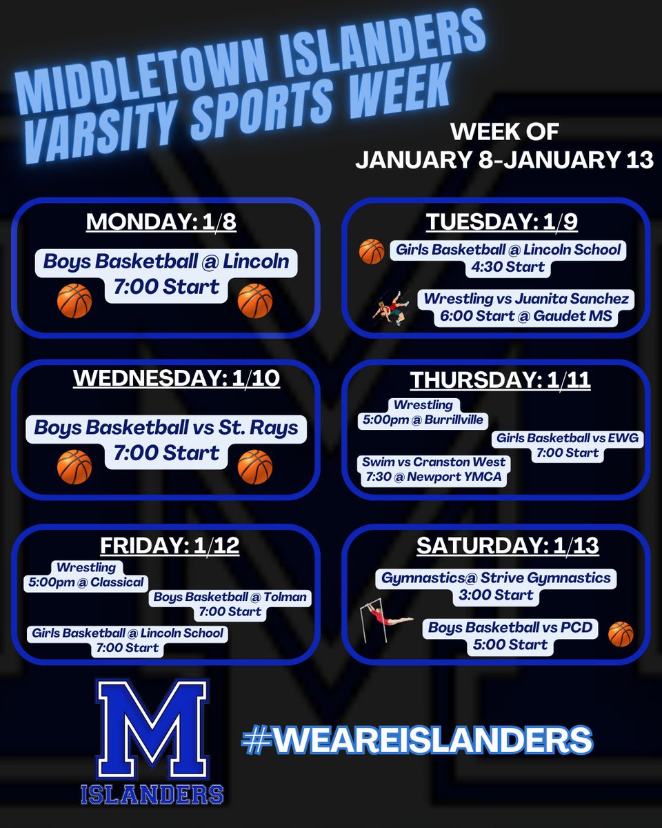 Islander varsity athletics week ahead. Come out and support our student athletes! #WeareIslanders @Mrs_D_Sweet @WeareMiddletown
