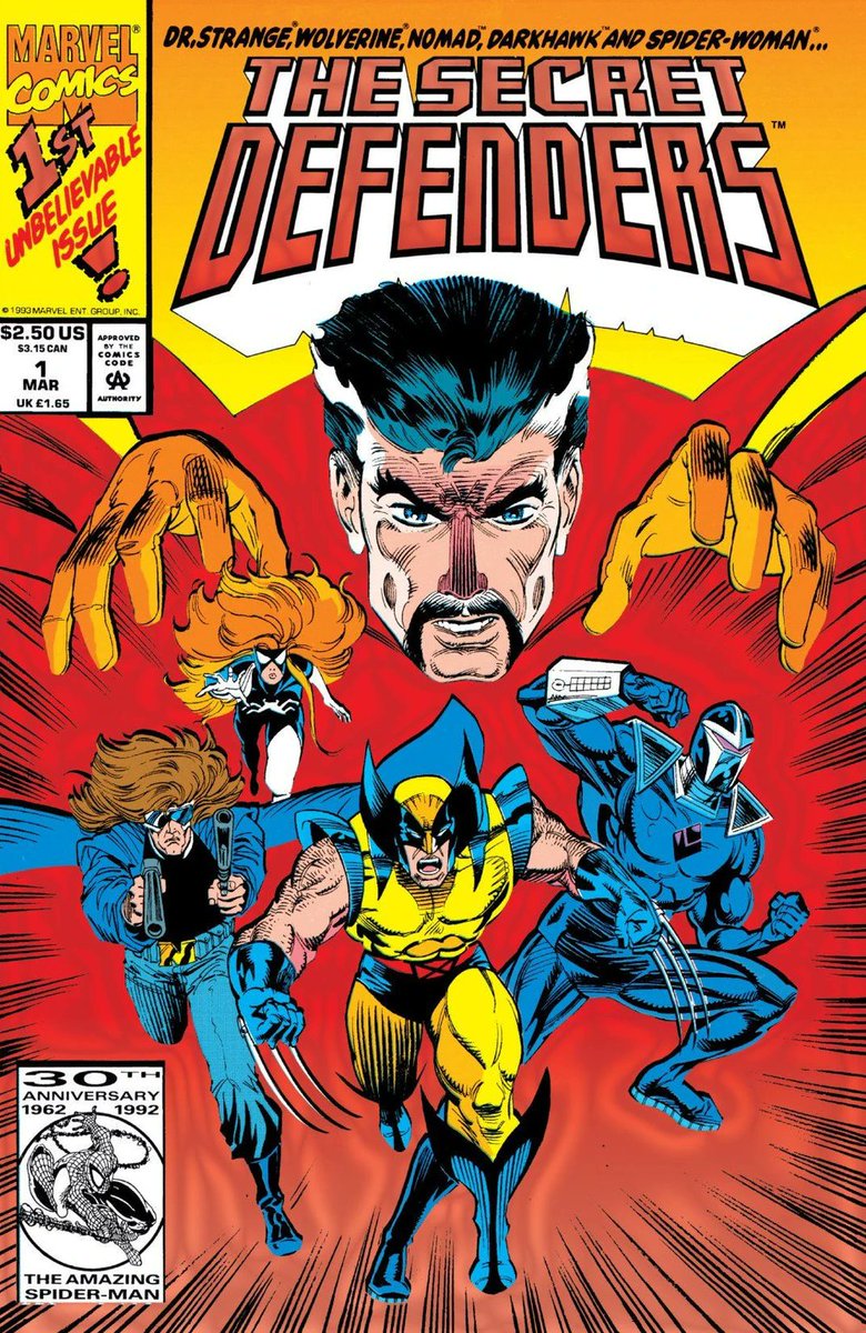 AustinGorton's tweet photo. 012 - Secret Defenders #1 (1/12/1993)
Another blast from the foil-embossed 90s past. Anyone w/fond memories of this series?
Cover art by Andre Coates & Don Hudson. Story & interior art by Roy Thomas & Andre Coates
#WolverineADay #Wolverine50 #Xmen #SecretDefenders https://t.co/Lufj6Ukod0