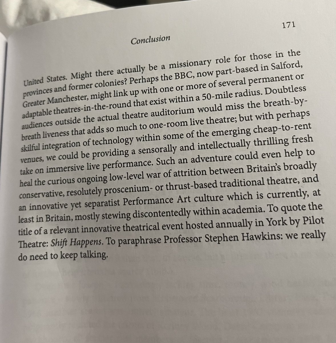 MarcusRomer's tweet photo. A rather lovely 'hat tip' to the Shift Happens conferences I used to run - as the final conclusion to this engaging book about #StephenJoseph by #PaulElsam @thesjt https://t.co/7JuMOTuA3N