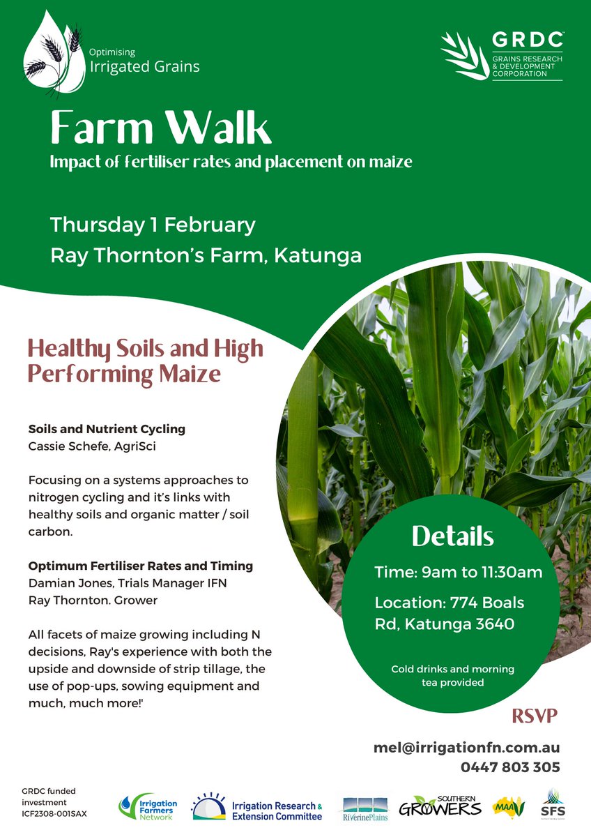 We invite you to join us to dig deeper into healthy soils and nutrient cycling for optimising crop production. Farm walk includes @CassandraSchefe @AgriSci_Aus and Damin Jones, IFN focusing on optimising maize crops and soils.

RSVP mel@irrigationfn.com.au
@theGRDC