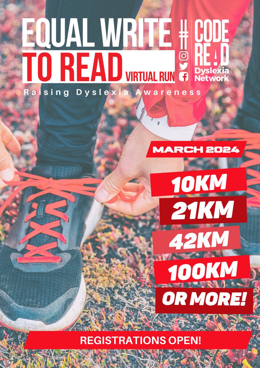 CodeReadNetwork's tweet image. Kick off your New Year Resolution by registering yourself for the annual #EqualWriteToRead Virtual Run for the month of March 2024, to raise much needed awareness for dyslexia.

Runners, Walkers, Swimmers, Cyclists: 10km, 21km, 42km, 100km or more!