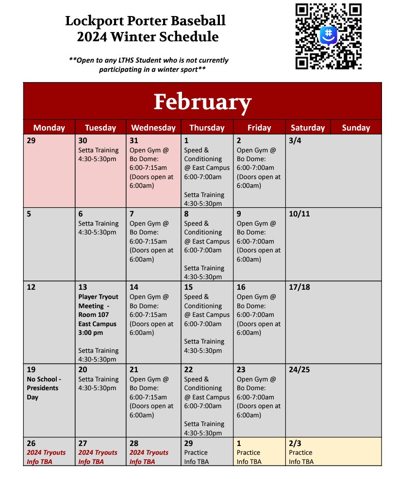 PorterBaseball's tweet photo. π¨ποΈ Winter Calendar ποΈπ¨
Attention prospective Porter Baseball players for the upcoming spring season! Please see our winter calendar for the remainder of the offseason. #GETBIG #PORTERPOWER https://t.co/fBUnhLxnZS