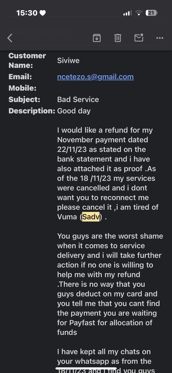dollzido's tweet photo. @vumatel @Payfast i am dissapointed in Vuma Sadv since November 2023 my services were cancelled because they cant find a payment yet they deduct it directly from my account.I have been  requesting a refund ,the whatsapp service did not help ,please help !!! https://t.co/NO631mbshp