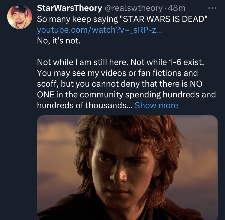 Query: How many ribs do you have to cut out to suck yourself off like this? No, Star Wars isn’t dead. And that has nothing to do with a clickbait grifter and his second-rate fanfics. There are plenty of whiners out there, but also plenty who are enjoying what’s out there.