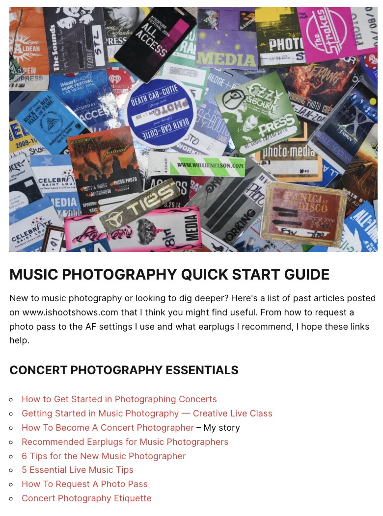 toddowyoung's tweet photo. Want to get started in music photography? Here's a thread of free resources for getting started photographing concerts, networking and leveling up on the business side of being a music photographer. 🧵 https://t.co/yfXinDKsDu