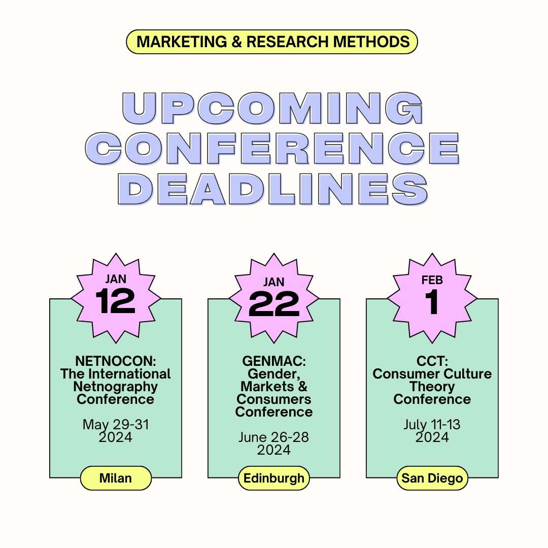 Some conference deadline reminders for academic colleagues interested in marketing, consumer culture, gender, and/or qualitative methods ⬇️

Jan. 12: <a href="/netnocon/">Netnocon</a>
netnocon.org

Jan. 22: <a href="/genmac_org/">GENMAC: Gender, Markets, and Consumers</a> 
genmac2024.business-school.ed.ac.uk

Feb. 1: CCT Conference
cctc2024.com
