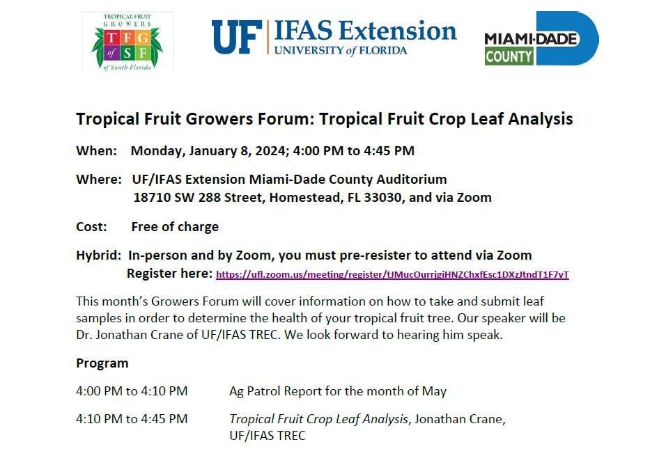 Join @sflhort and Dr. Jonathan Crane, the Tropical Fruit Specialist with @UF_IFAS, tomorrow to learn how you can better determine the health of your tropical fruit tree. #TropicalFruit #LeafAnalysis #IFASExtension