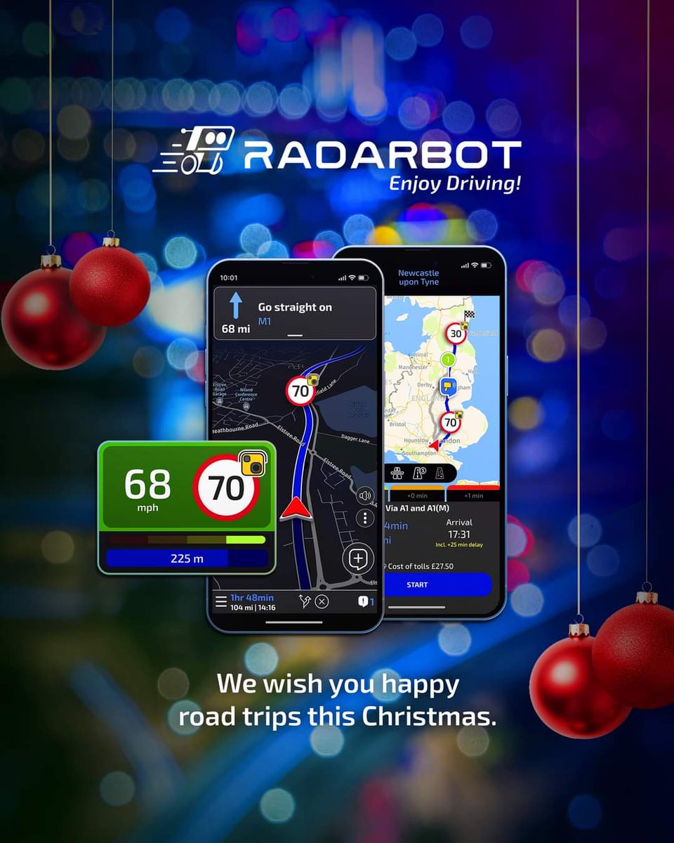 RadarbotEN's tweet photo. Happy Holidays and Merry Christmas!
Your journey home will be safer than ever with
Radarbot.
Enjoy driving! 🚗🤖 https://t.co/ScPyPSZUIg