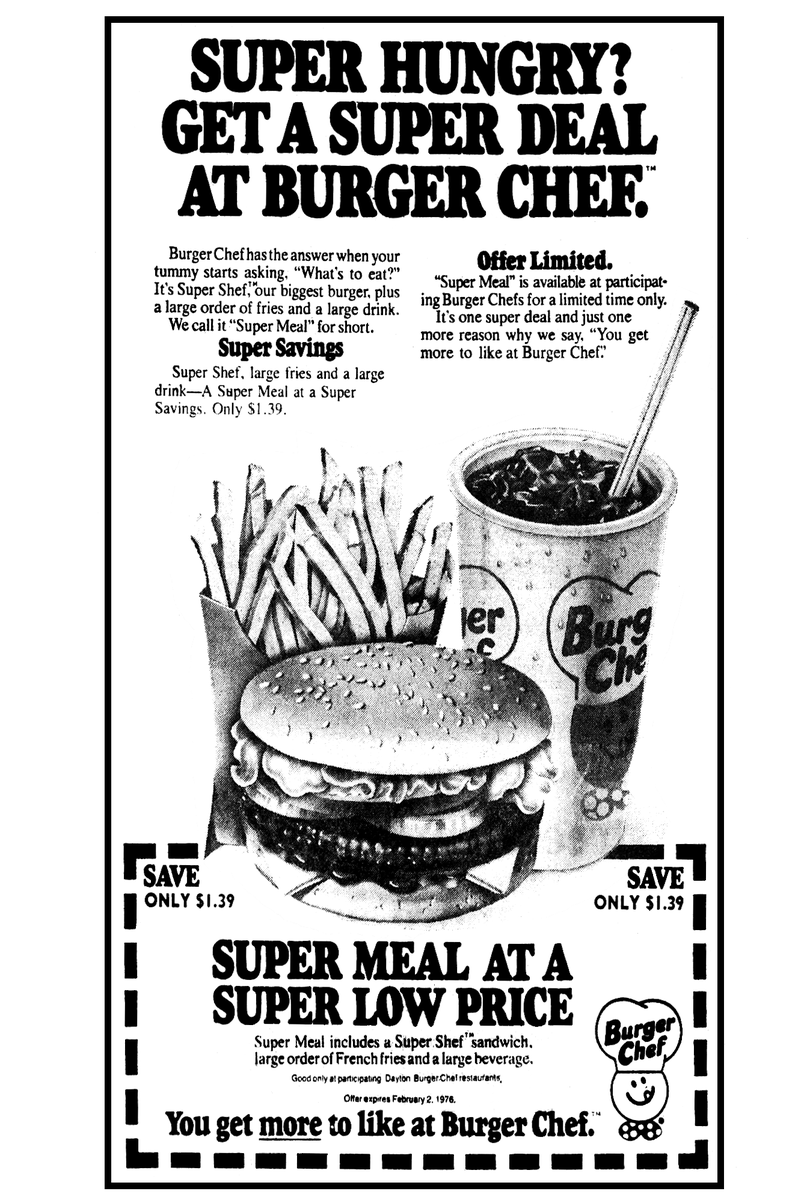RetroManWorld's tweet photo. #FastFood #hamburger #1970s #advertisement 

Burger Chef - January 1976 https://t.co/HP0uNVsHsB