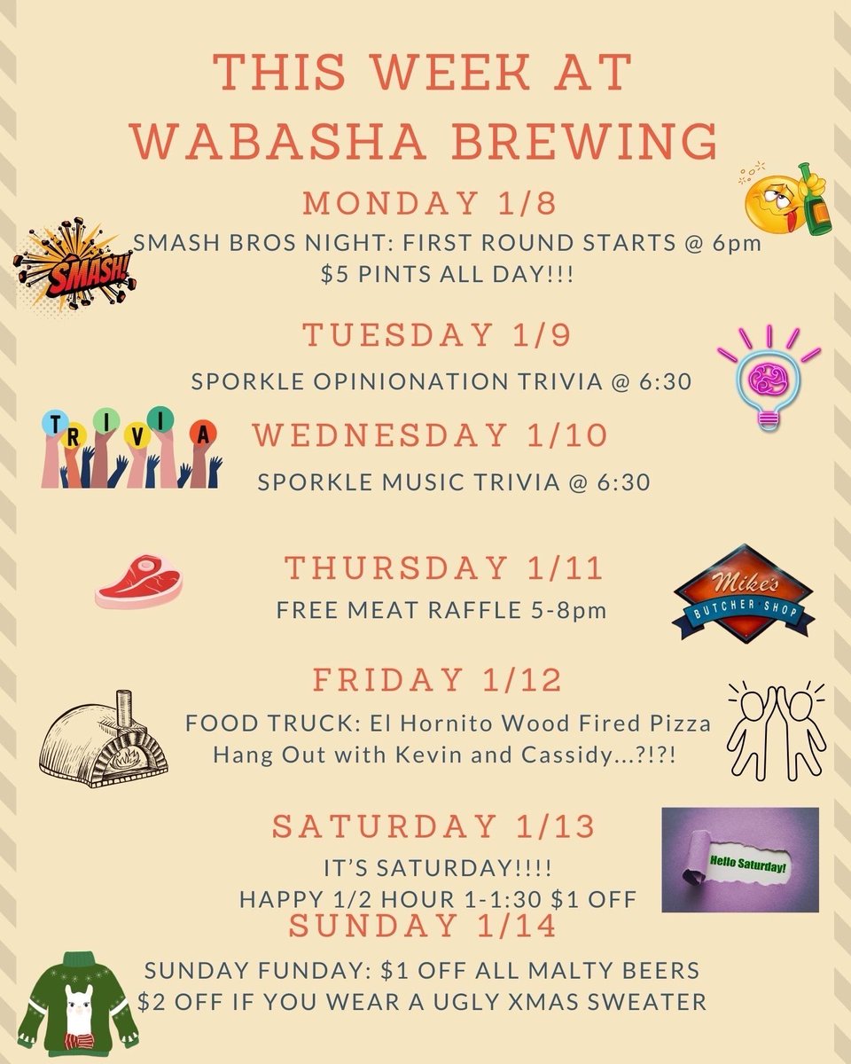 This week at Wabasha: video games, (new!) trivia nights, meat raffle, pizza, and beer deals! Excited to see you this week! 

#mncraftbeer #drinklocal #trivia #brewery
