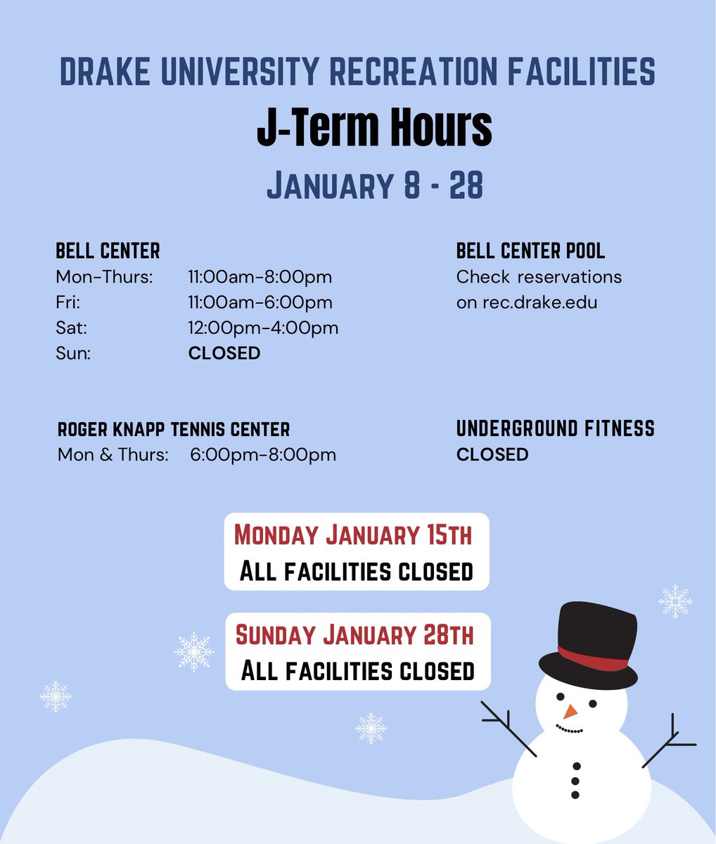 DrakeRec's tweet image. Extended J-Term hours start tomorrow! ⛄️