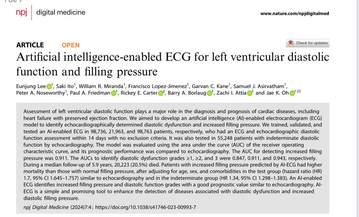 CALCULA CON UN ECG E INTELIGENCIA ARTIFICIAL LA FUNCIÓN DIASTÓLICA !!!!Este trabajo nos ha dejado boquiabiertos <a href="/echotalk/">EchoTalk Echocardiography</a> <a href="/peteiro/">Jesus Peteiro</a> me parece espectacular !!!!!por de dónde viene  J Oh / Mayo clinic y por los datos:
En síntesis un electro de rutina estudiado con #IA es tan potente
