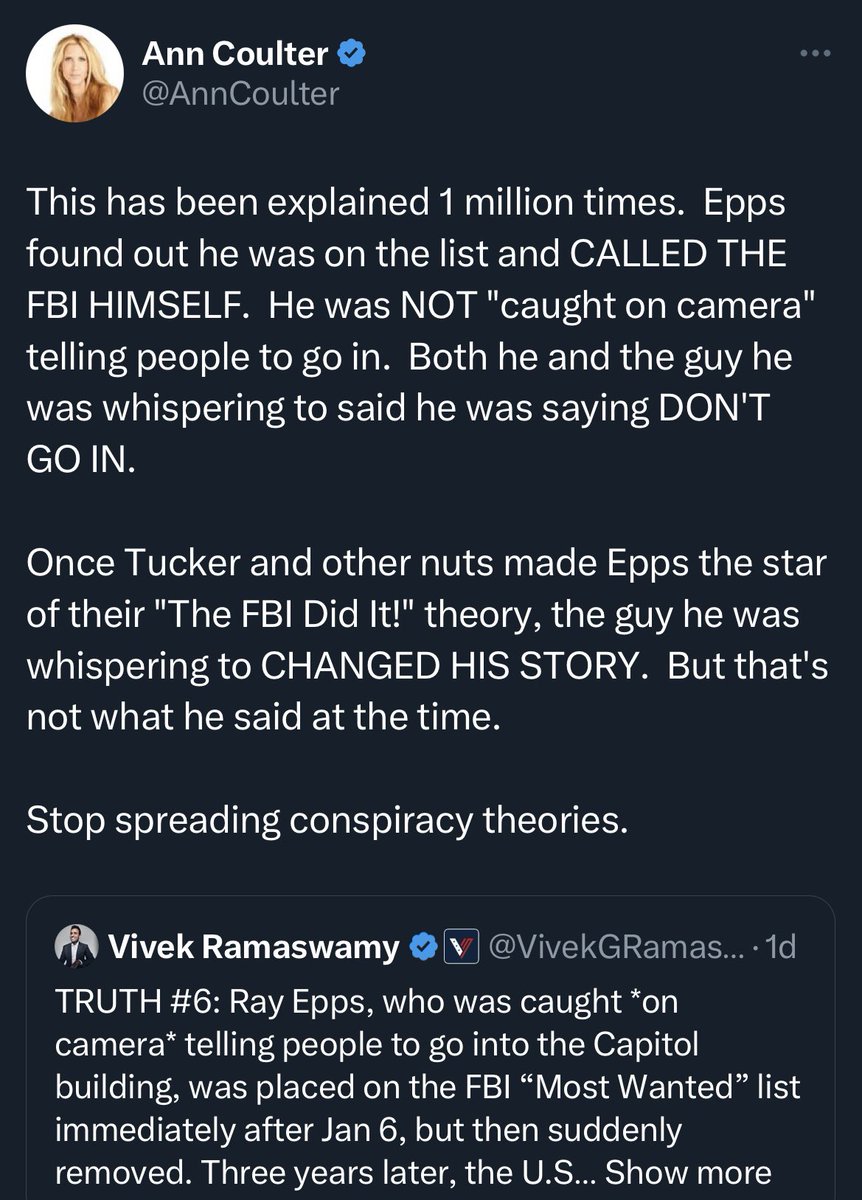 RonFilipkowski's tweet photo. Coulter buries Vivek. https://t.co/SNaS9EKCuz