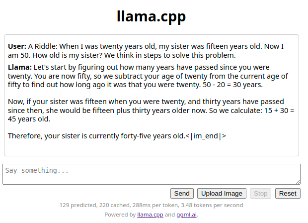 stolsvik's tweet image. As a comparison, this is Yi.
Running on llama.cpp, using TheBloke&apos;s &apos;yi-34b-chat.Q5_K_M.gguf&apos; quant.

(Note that the strange &quot;&amp;lt;|im_end&amp;gt;&quot; is due to the built-in HTML GUI of llama.cpp not honoring the chat template of the model.)
#llm #yi #llamacpp @ggerganov