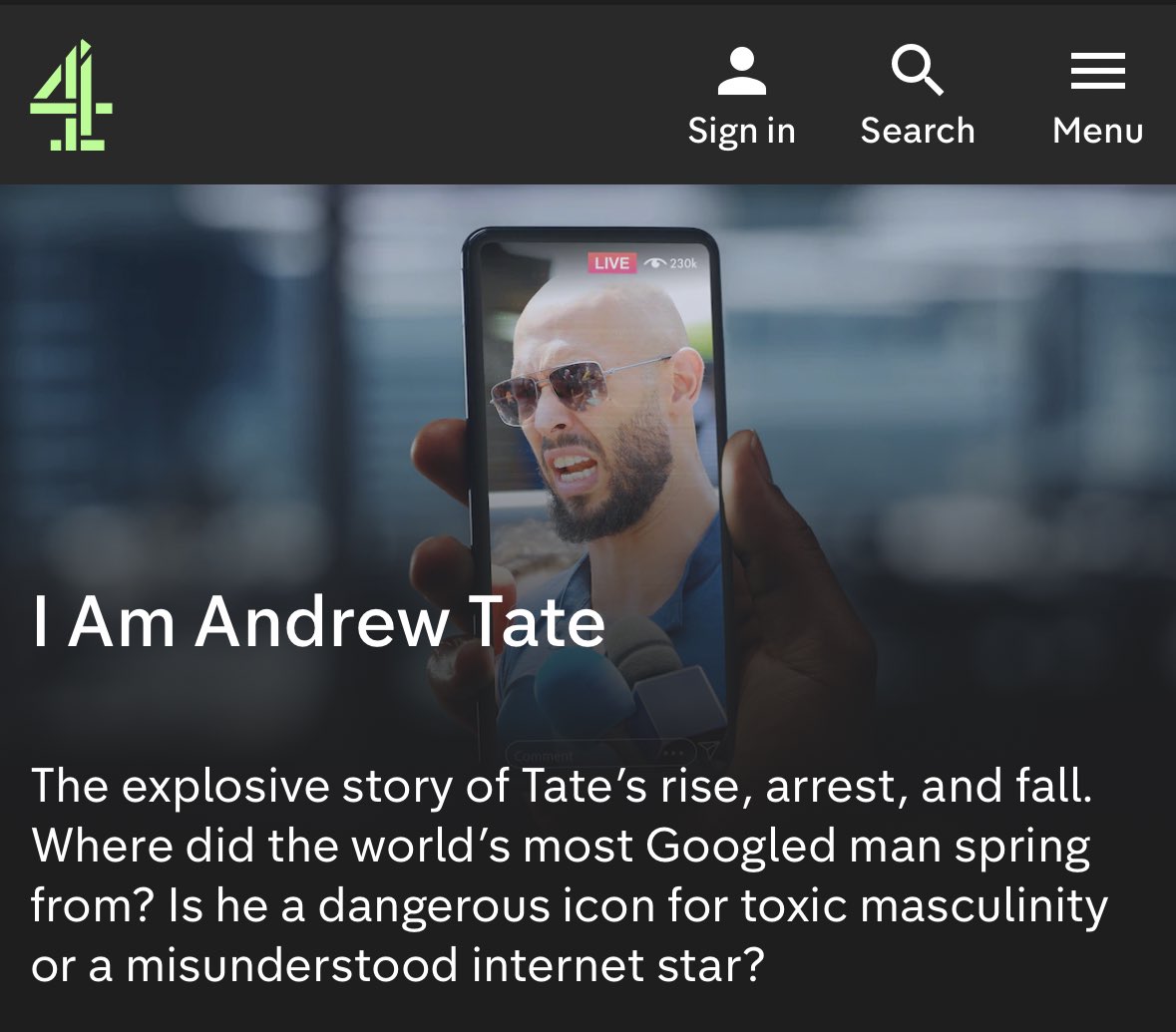 chlveh's tweet image. not only are channel 4 giving this self proclaimed misogynist a platform, they’re also debating whether he’s actually a ‘misunderstood internet star’, despite him having been charged for rape and human trafficking. shame on C4 for sensationalising trauma for money #iamandrewtate