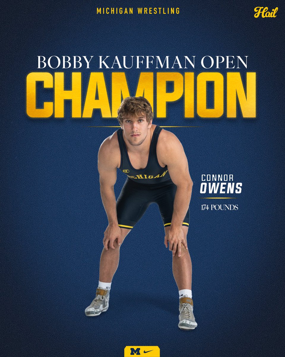 umichwrestling's tweet photo. .@conerowens earns an overtime takedown to secure a 7-4 decision over Cleveland State's Gavin Ricketts and capture the 174lb title at the Bobby Kauffman Open. 3-0 record, his first collegiate tourney win. 👏 #GoBlue https://t.co/MWv19Ypss6