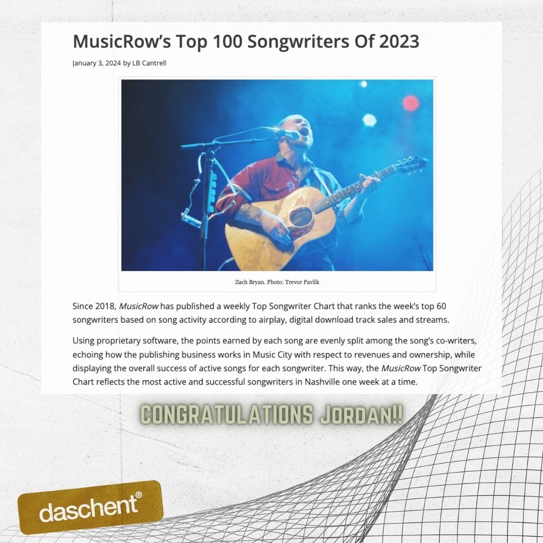 daschent's tweet photo. way to go jordan! what a year 🙏 
cheers brother!! #musicrow #songwriter #jordanschmidt https://t.co/2AlVgO63By