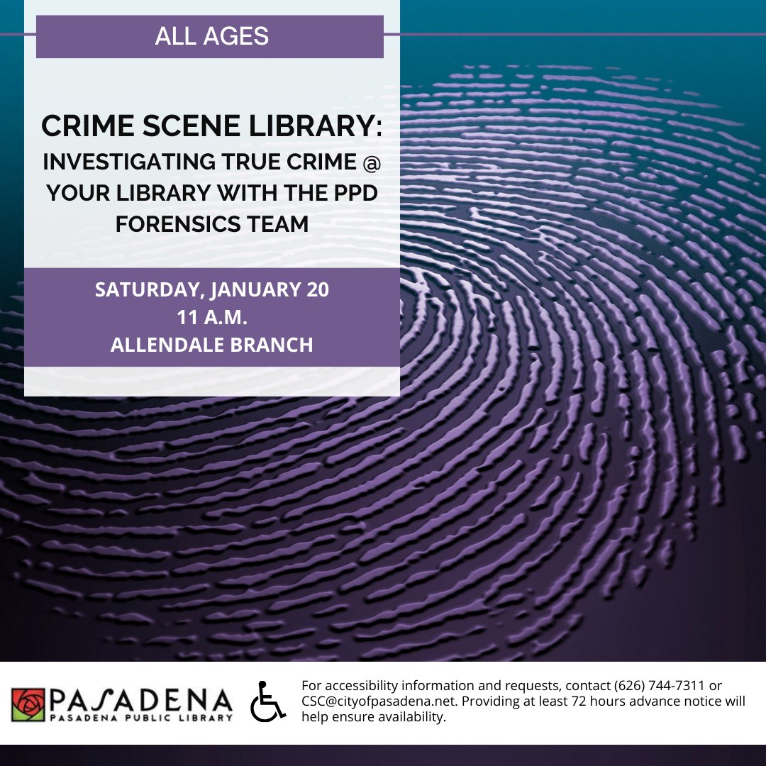 Join us Saturday, January 20, at 11 a.m., at Allendale Branch for Crime Scene Library: Investigating True Crime @ Your Library with the PPD Forensics Team. Families can learn about crime scene investigation from forensic experts with a hands-on lesson using STEAM.