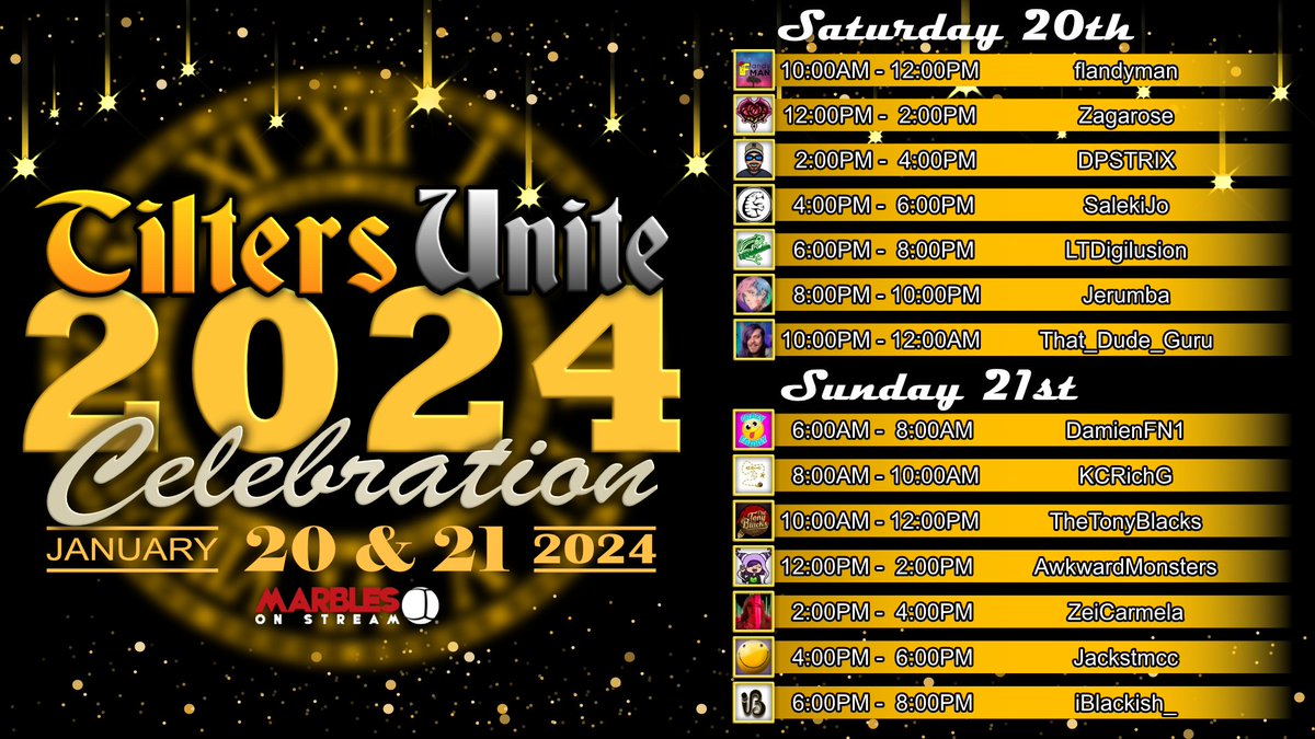 Tilters Unite (@tiltersunite) on Twitter photo TU's Celebration Event!
Come join these amazing tilters for a weekend of amazing Tilting talent!
<a href="/Flandyman/">Flanders</a> <a href="/Zagarose1/">Zagarose</a> <a href="/DPSTRIX/">DPSTRIX</a> <a href="/SalekiJo/">SalekiJo</a> <a href="/LTDigilusion/">LTDigilusion</a> <a href="/JerumbaTTV/">JERUMBA :)</a> <a href="/That_Dude_Guru/">ThatDudeGuru</a> <a href="/Damienfn1/">Damienfn</a> <a href="/TheTonyBlacks/">Tony Blacks</a> <a href="/LittleMsBek/">AwkwardMonsters</a> @InthelifeofZei <a href="/Jackstmc/">Jack</a> <a href="/iBlackish_/">iB_</a> <a href="/MarblesOnStream/">Marbles on Stream</a> #TU TU's Celebration Event!
Come join these amazing tilters for a weekend of amazing Tilting talent!
<a href="/Flandyman/">Flanders</a> <a href="/Zagarose1/">Zagarose</a> <a href="/DPSTRIX/">DPSTRIX</a> <a href="/SalekiJo/">SalekiJo</a> <a href="/LTDigilusion/">LTDigilusion</a> <a href="/JerumbaTTV/">JERUMBA :)</a> <a href="/That_Dude_Guru/">ThatDudeGuru</a> <a href="/Damienfn1/">Damienfn</a> <a href="/TheTonyBlacks/">Tony Blacks</a> <a href="/LittleMsBek/">AwkwardMonsters</a> @InthelifeofZei <a href="/Jackstmc/">Jack</a> <a href="/iBlackish_/">iB_</a> <a href="/MarblesOnStream/">Marbles on Stream</a> #TU