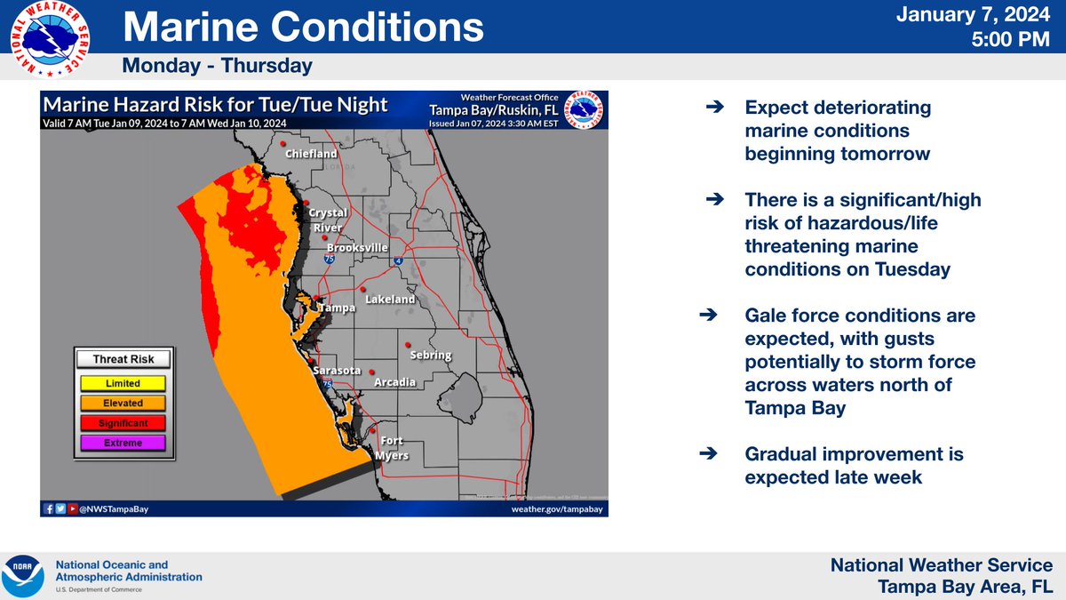 NWSTampaBay's tweet photo. ⚠️Weather Impacts ⚠️

A potent storm system will sweep across the Eastern U.S. over the next 48 hours, with the greatest impacts in our area expected Tuesday/Tuesday night. 

Here is a summary of some of the expected hazards👇

#flwx #Weatheready https://t.co/lpMxO1W68F