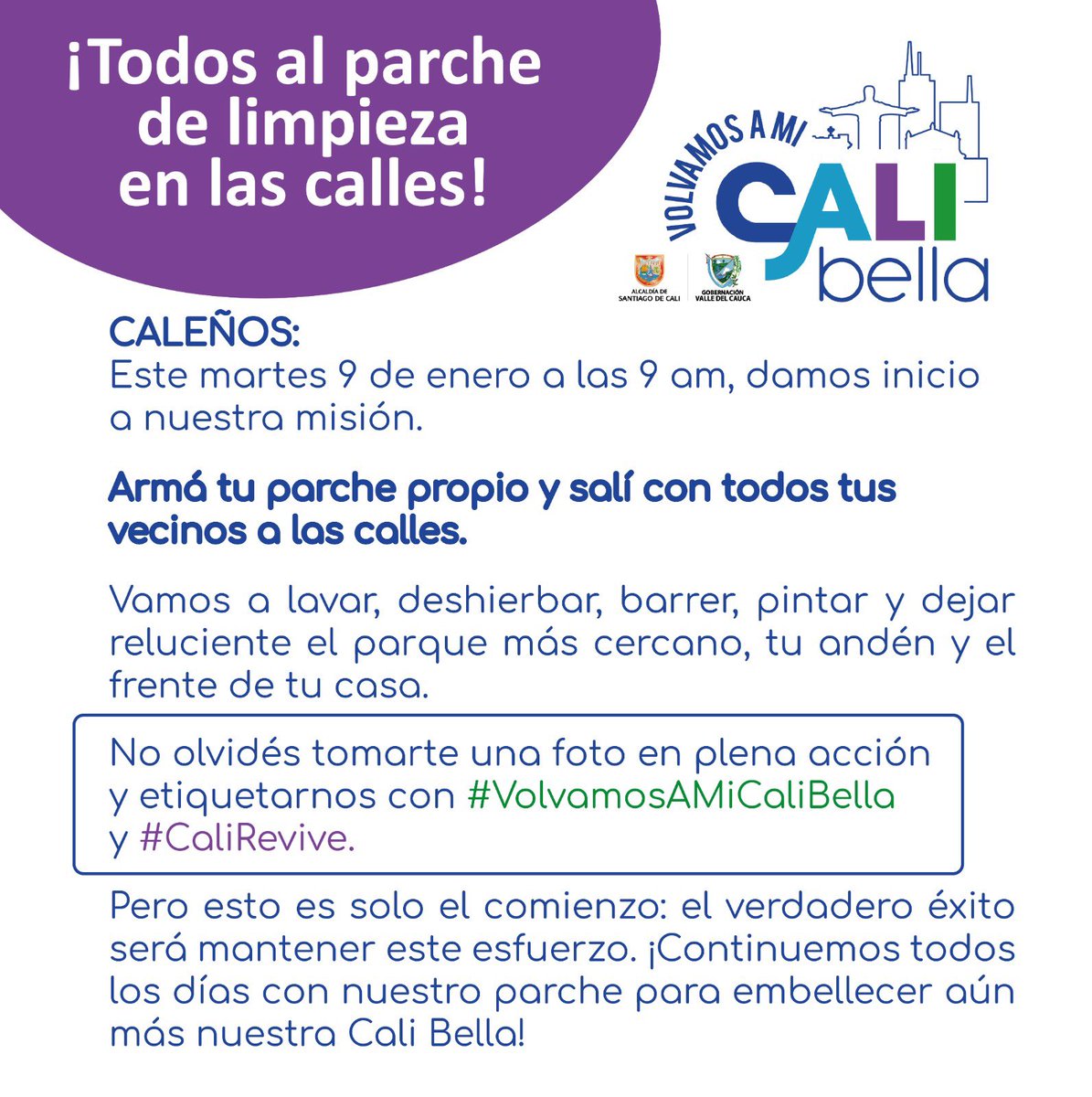 alejoeder's tweet photo. ¡Este martes comenzamos a poner a Cali bella!

Armá tu parche y salí a limpiar el parque, los andenes, las paredes, los postes y las calles más cercanas a tu casa.

Entre todos #VolvamosAMICaliBella https://t.co/BWSmriiQ38