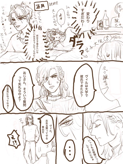 正月にいる謎おじさん(お兄さん)
謎時空のレオヴィル 一コマ目以外走り書き 