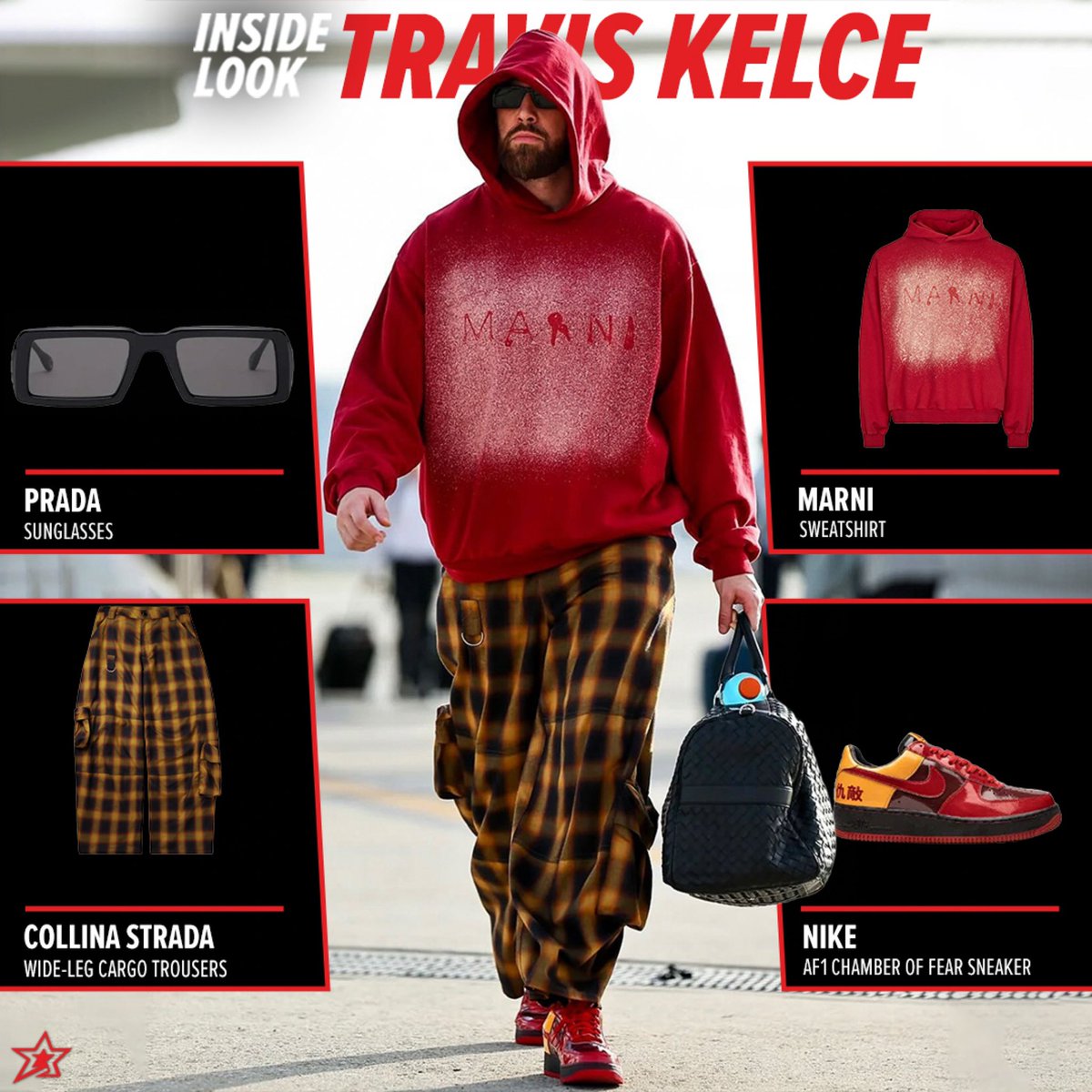 Protrending's tweet image. #TravisKelce brought out the #Prada sunglasses, #Marni sweatshirt, #CollinaStrada cargo trousers, and #Nike AF1 chamber of fire sneakers ahead of #Chiefs x #Chargers Week 18 game. #protrending #stylelikeapro
(📸 @chiefs)
