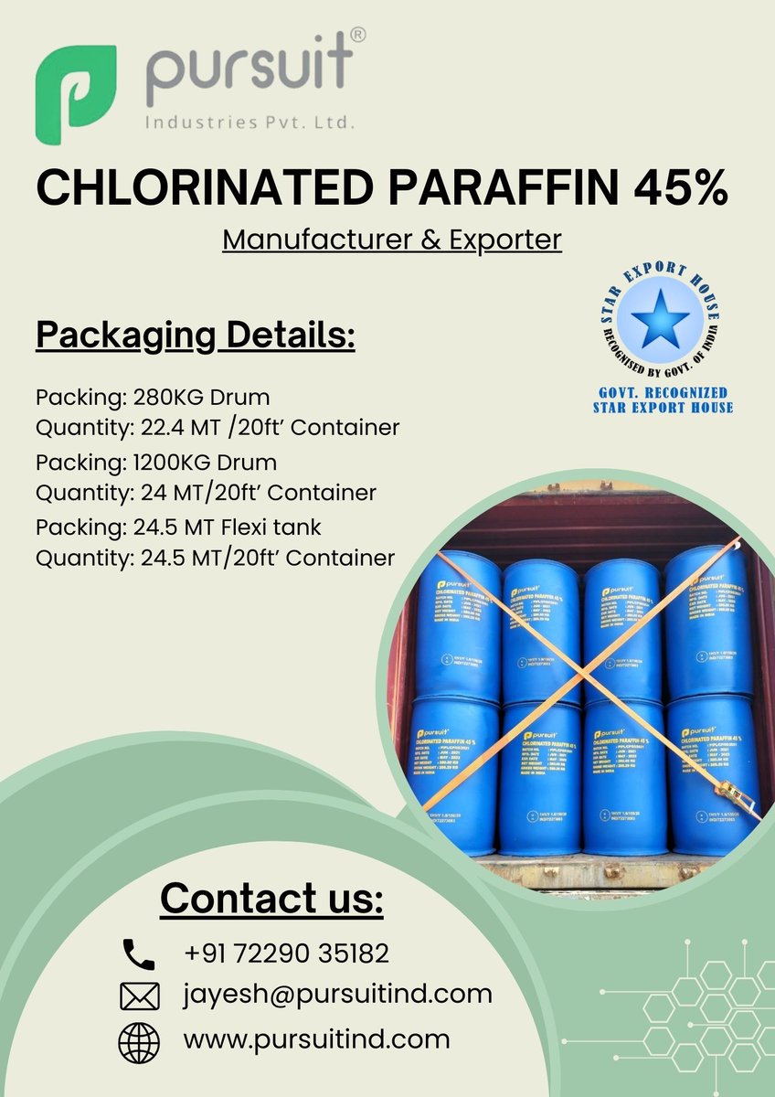 pursuitindpvt's tweet photo. ⇒We can supply Chlorinated Paraffin 45% at very good prices. Those who are interested contact us.
Contact: +91 7229035182
Email: jayesh@pursuitind.com
Visit for: https://t.co/jacKiC3Nlz
#manufacturer #exporter #pursuitindustriespvtltd #mccp #lccp #starexporthouse #chemicals https://t.co/eAhMVJB4Es