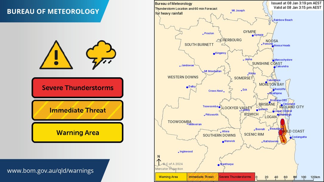 Severe #Thunderstorm Warning - SE Qld
for HEAVY RAINFALL
For parts of Gold Coast & Scenic Rim Council Areas.
They are moving towards the south & are forecast to affect Little Nerang Dam & Nerang by 3:45 pm & Springbrook & Mudgeeraba by 4:15 pm.
ow.ly/J5zZ50QoC9J