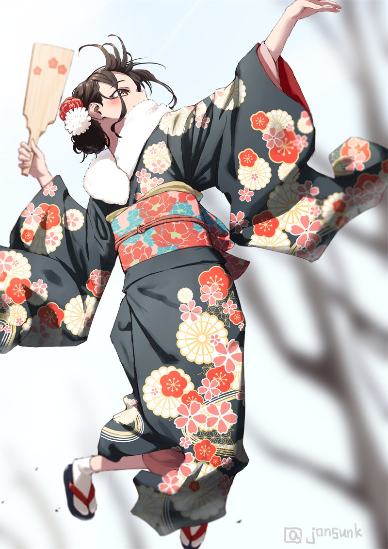 1girl japanese clothes kimono solo paddle sash obi  illustration images