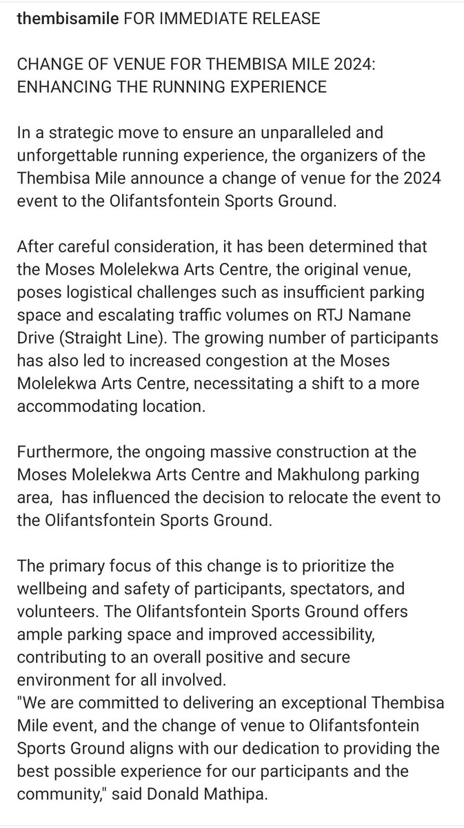 CHANGE OF VENUE FOR THEMBISA MILE 2024: ENHANCING THE RUNNING EXPERIENCE

In a strategic move to ensure an unparalleled and unforgettable running experience, the organizers of the Thembisa Mile announce a change of venue for the 2024 event to the Olifantsfontein Sports Ground