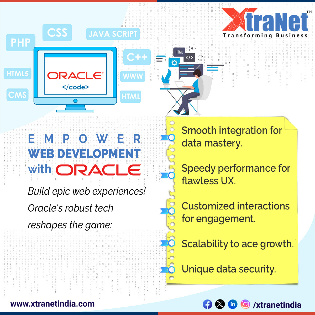 xtranetindia's tweet image. Help your business grow faster by automating daily processes such as Website Development with XtraNet&apos;s Oracle solutions.

#digitalstrategy #oracle #oracleservices #ITsolutions #website #developer #webdevelopment #coding #xtranet #xtranettechnology #xtranetindia #synergy