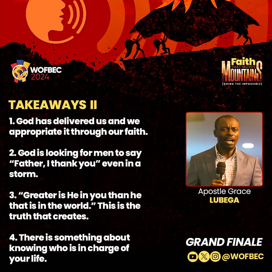 WOFBEC's tweet image. Jesus did not walk on water to show off, but to prove that the principalities and powers of this world are under His feet. He’s trying to tell us that we are above all principalities.
- Apostle Grace Lubega 
#WOFBEC2024 #FaithThatMovesMountains #WOFBECFaithCrusade