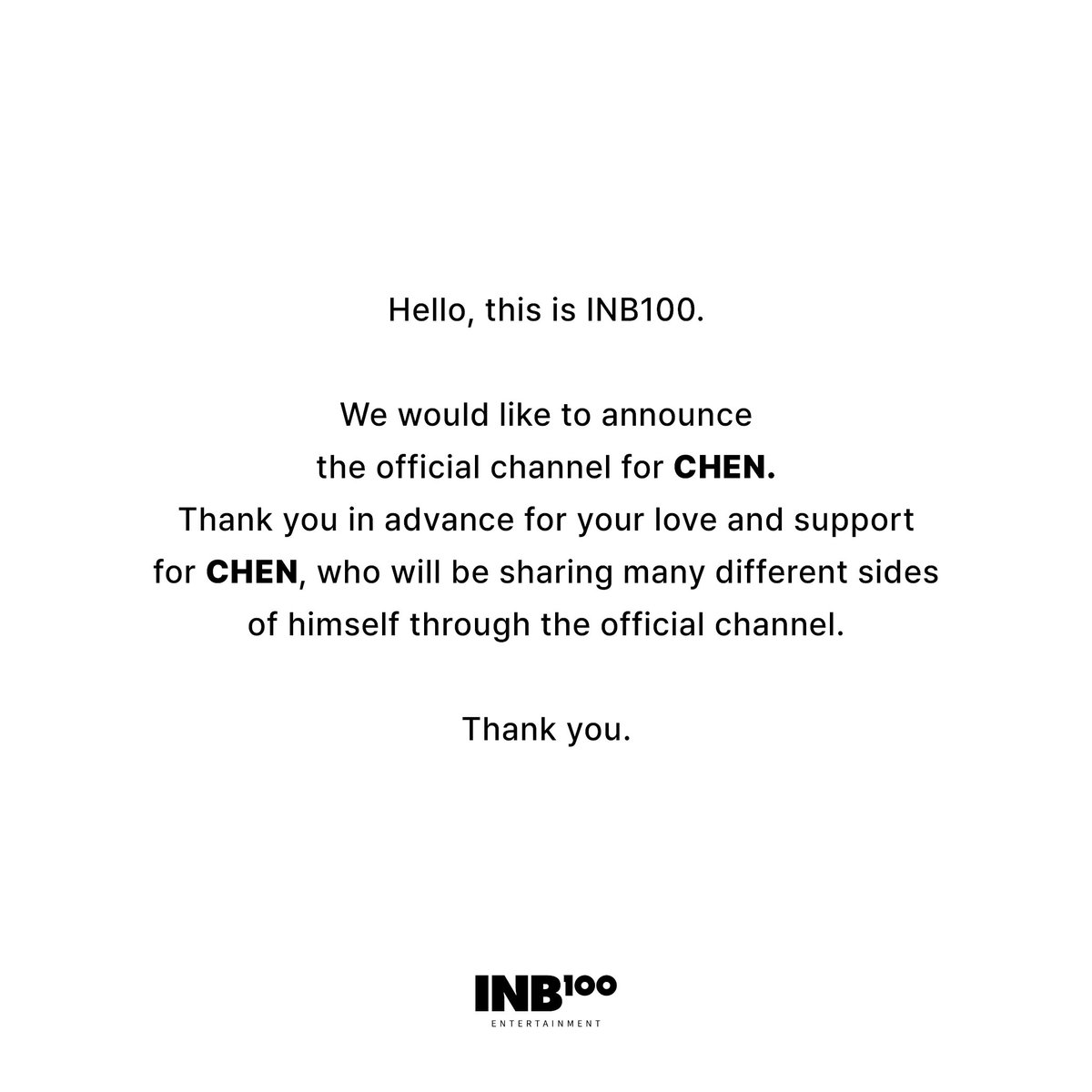 chenplanet's tweet image. 🪐🧾 | “Olá, é a INB100.

Gostaríamos de anunciar o canal oficial para o #CHEN. Desde já, agradecemos por seu amor e apoio ao #CHEN, que estará compartilhando diferentes faces de si mesmo através deste canal oficial.

Obrigado.”

pt-br: chenplanet

#INB100 #아이앤비100