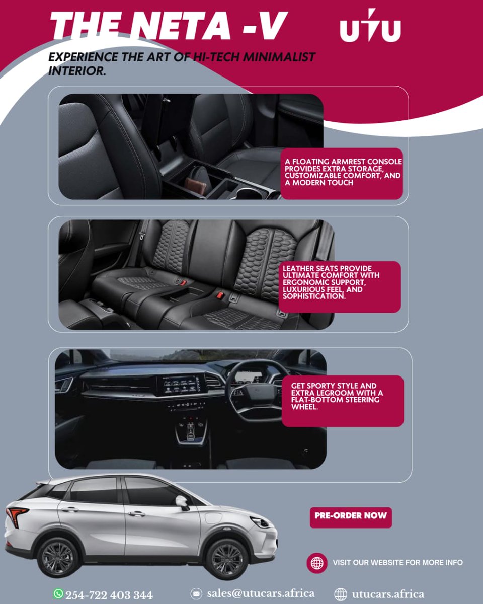 UtuCarsAfrica's tweet image. Embrace simplicity in motion with the Neta V electric car. Immerse yourself in its hi-tech, minimalist interior, a perfect blend of innovation and sophistication. Elevate your driving experience. #NetaV #ElectricRevolution #MinimalistLuxury