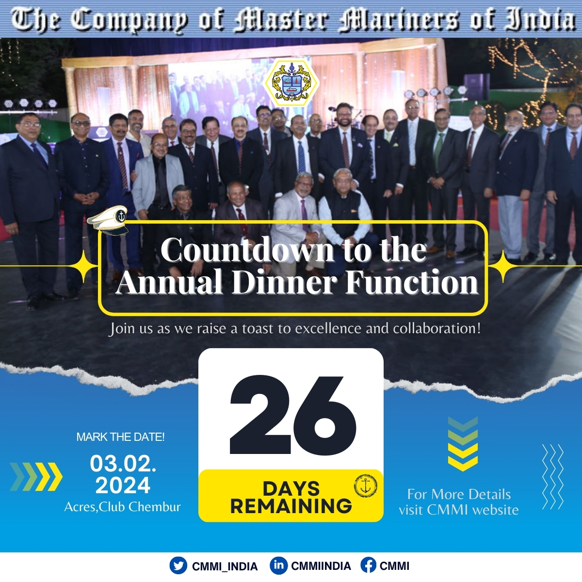 Countdown to the CMMI Annual Dinner Function.

Just 26 Days to Go!

#event #maritimenews #maritimeindustry #thecompanyofmastermarinersindia #cmmimemberscommunity #merchantnavy #seafarers #seafarersarekeyworkers #lifeatsea #corporateevent #seaman #maritime