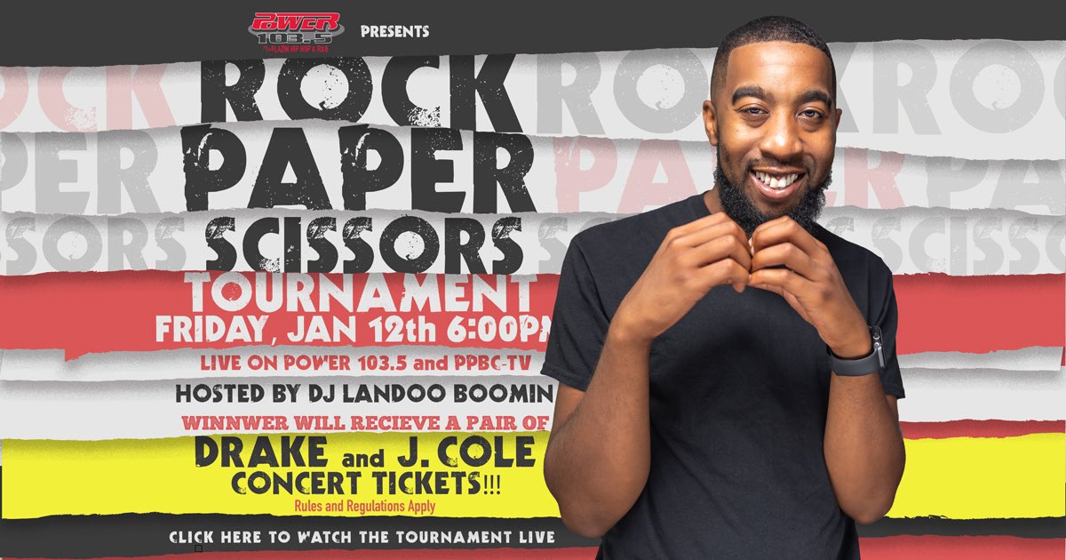 Power 103.5 presents DJ Landoo Boomin - Rock, Paper, and Scissors Tourney Fri, Jan 12th, at 6pm. The winner gets 1 pair of tics to 👀 Drake &amp; J. Cole. Tune in to Power 103.5 to participate or catch the action, kvsp.com or via live stream PPBC TV. <a href="/LandooBoomin/">LandooBoomin</a>