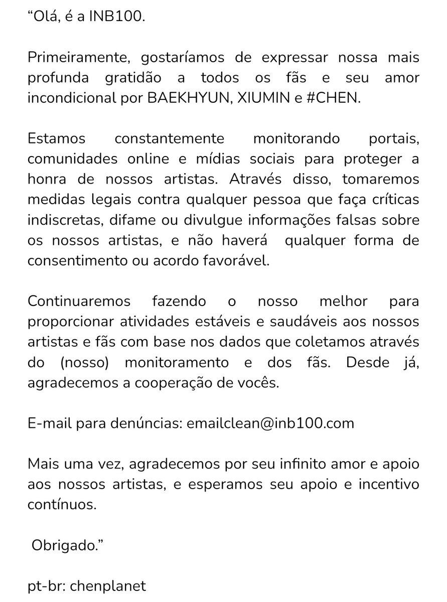 chenplanet's tweet image. 🪐🚨 | Informações sobre resposta legal à violação de direitos dos artistas da @INB100_official

INB100 informou que tomará medidas legais para resguardar seus artistas (#CHEN, Baekhyun e Xiumin). Um e-mail de denúncias foi divulgado: emailclean@inb100.com

#INB100 #아이앤비100