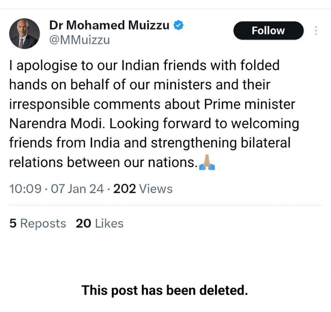 XGuruManoj's tweet photo. It's the beginning of Apologies Mr. President Md.Muizzu @MMuizzu . Game not yet over it's just started 🤣🤣

Maldivian President apologised with folded hands but the tweet was deleted after outrage by some local audiences.

#BoycottMaldives #Maldivians 
#ExploreIndianIslands #Lakshdweep