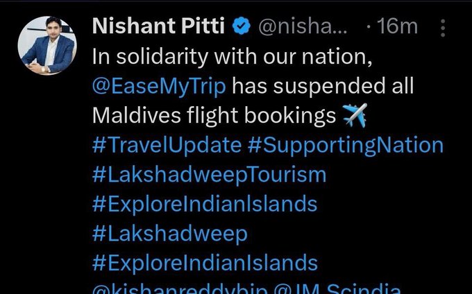 #EaseMyTrip has suspended all #Maldives flight bookings in solidarity with Nation. A huge set back for a tourism based economy. Maldives will pay a huge price of their #IndiaOut campaign. #SayNoToMaldives #ExploreIndianIslands #Lakshdweep #MaldivesOut