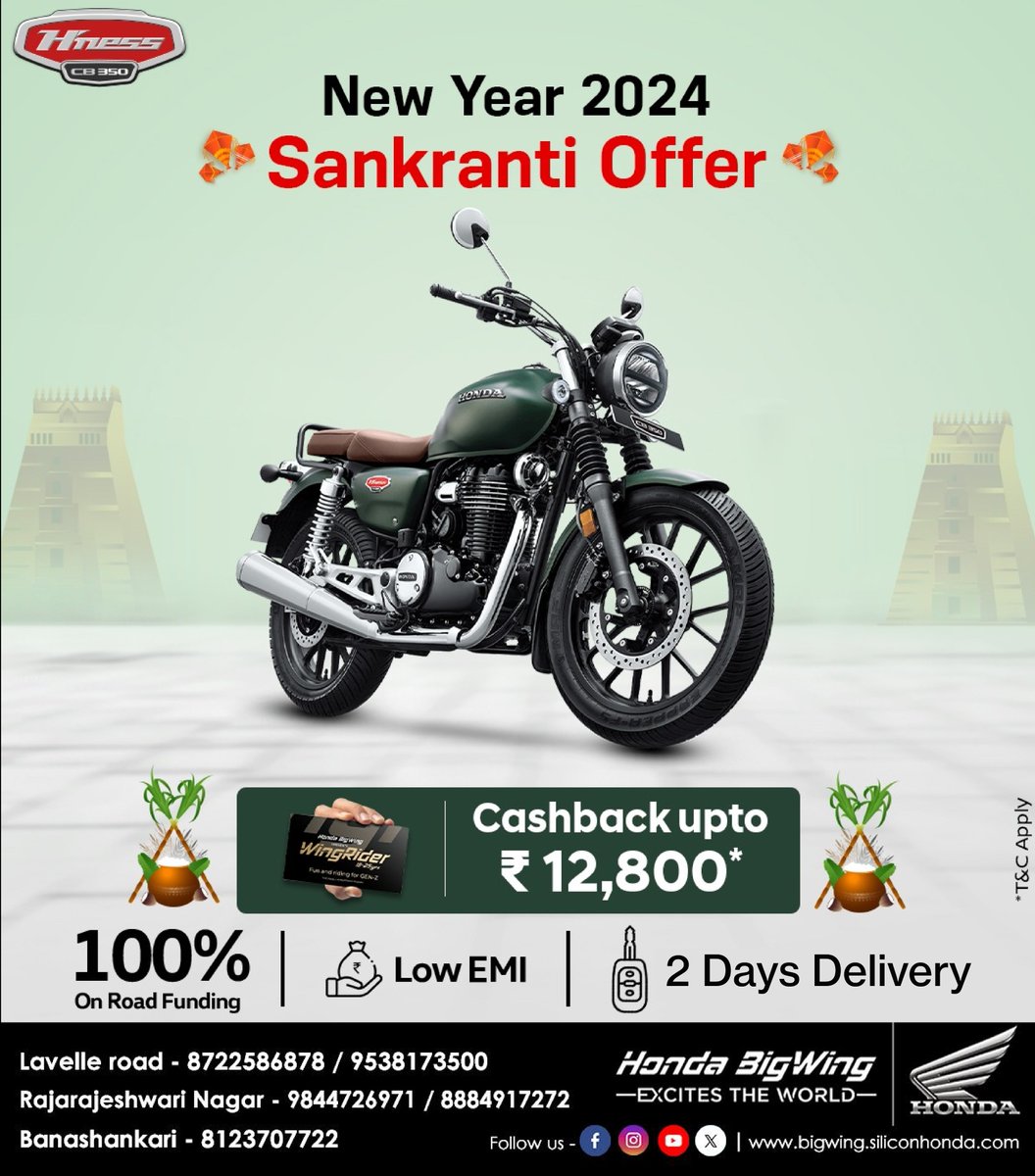 honda_bigwing's tweet image. New Year and Sankranthi offer 2024!
Introducing the #HnessCB350 with:
Cashback Upto ₹12,800/-*
100% On-Road Funding
Low EMI
Swift 2 Days Delivery
Make your celebrations memorable with the ride of your dreams! #NewYearOffer #SankranthiSpecial 🏍️✨"
Book Now!