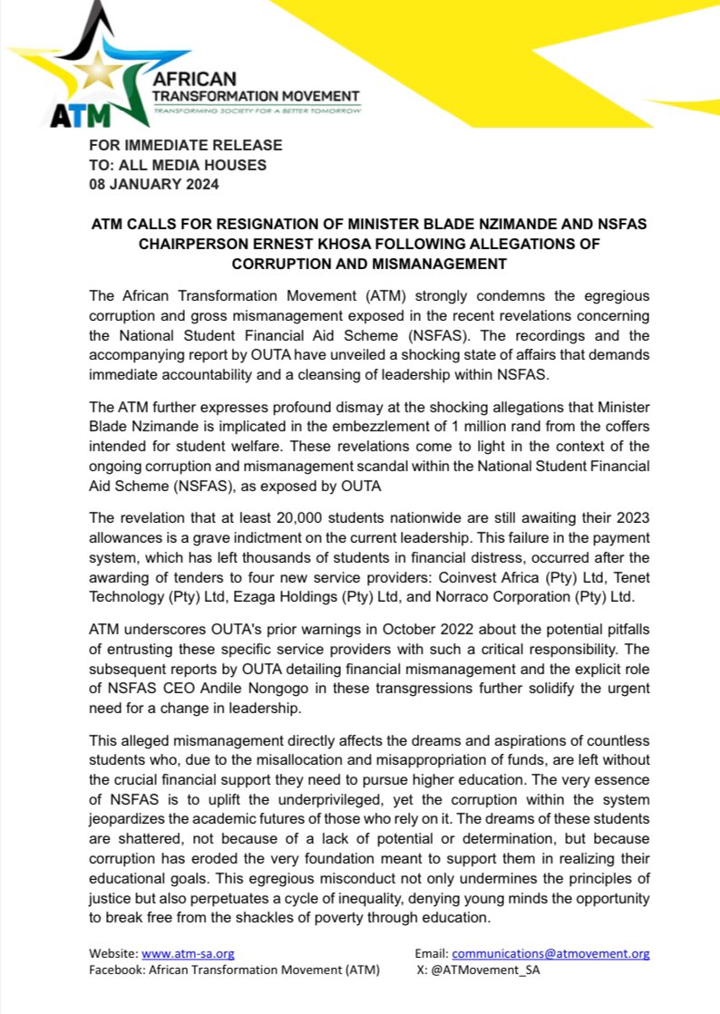 ATMovement_SA's tweet photo. [READ]

ATM calls for Minister Blade Nzimande and NSFAS Chairperson Ernest Khosa’s resignation amid allegations of embezzlement and mismanagement of NSFAS funds. 

#VoteATM2024 https://t.co/N3t83OfPvs
