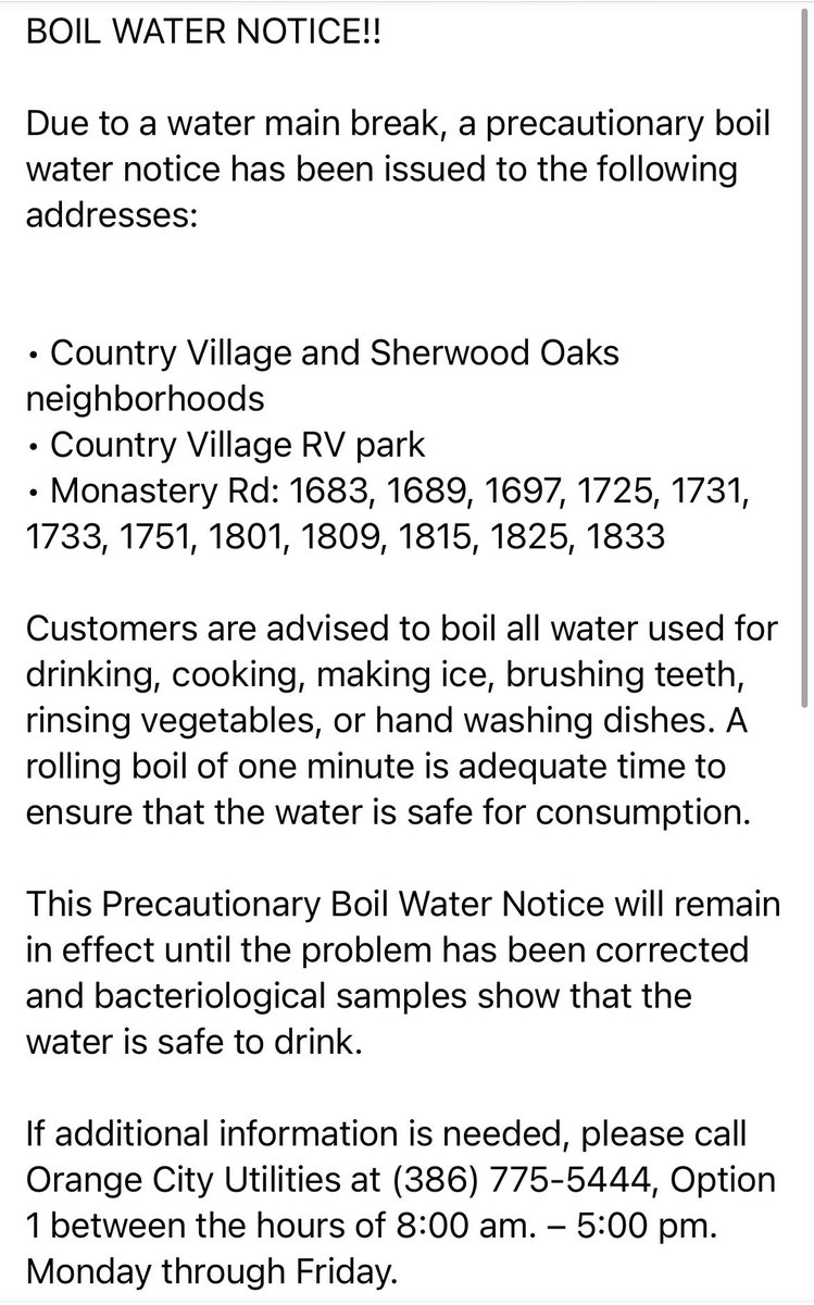 orangecityfl's tweet photo. Precautionary Boil Water Notice has been issued due to a water main break. https://t.co/kulD40cj8B