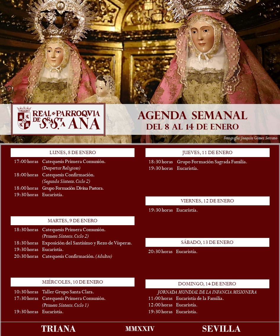 AGENDA SEMANAL | DEL 8 AL 14 DE ENERO. Informamos de las diferentes actividades y celebraciones que tendrán lugar esta semana en nuestra Iglesia Parroquial. ℹ santanatrianablog.wordpress.com/2024/01/08/age… #SoydeSeñáSantaAna