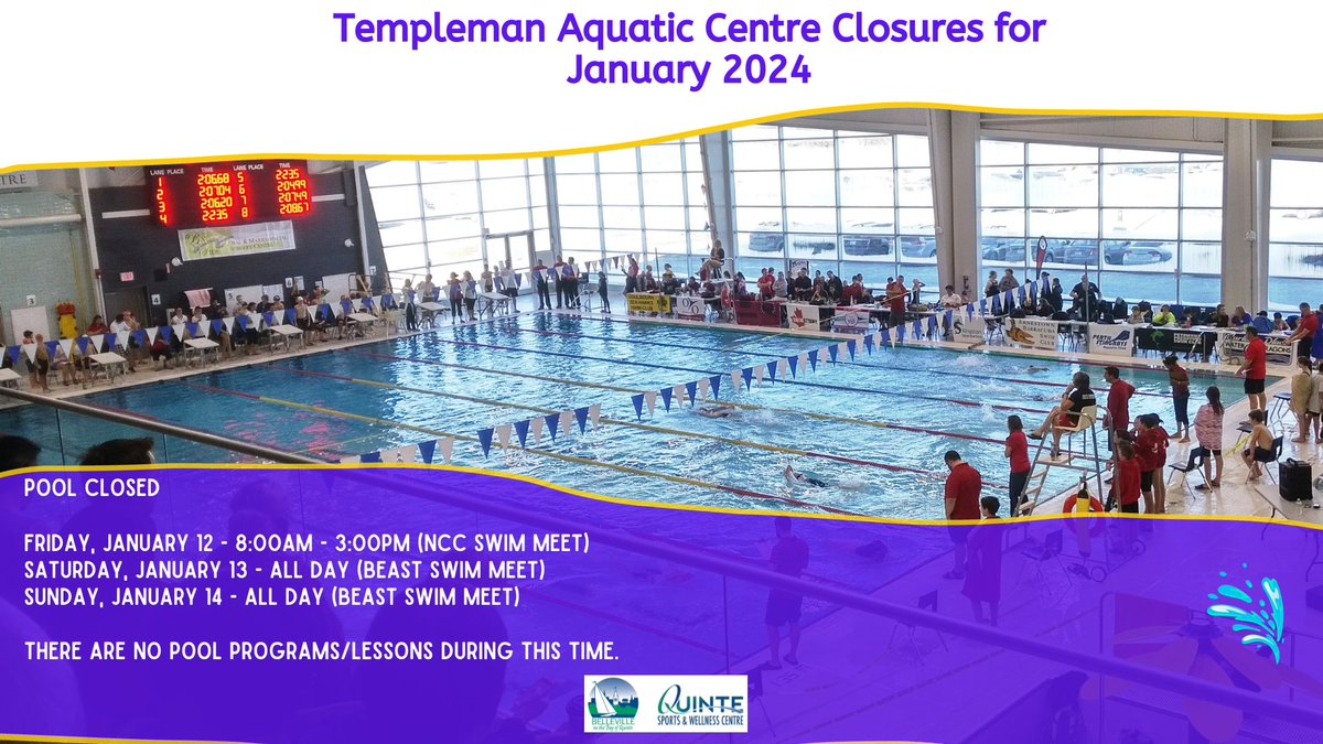 QSWC's tweet photo. Reminder of Pool Closures in January - January 12 from 8am-3pm, January 13 and 14 (all day) for swim meets. During these times, there are no recreational swims, pool programs or lessons. https://t.co/lMuK43NZkI