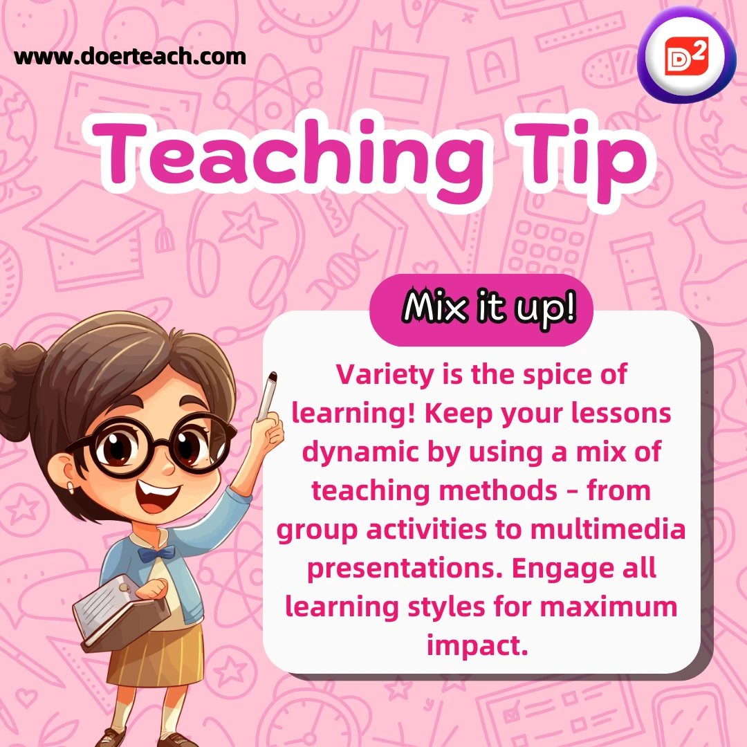 Teaching Tip: Mix it up!
Variety is the spice of learning! Keep your lessons dynamic by using a mix of teaching methods – from group activities to multimedia presentations. Engage all learning styles for maximum impact.

#doerdo #doerteach #TeachingTip #DiverseLearning...